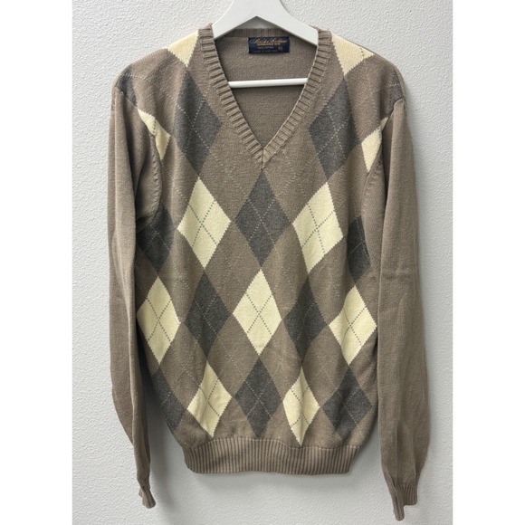 Brooks Brothers Argyle Sweater V-Neck Cotton Knit Pullover Brown Gray Mens‎ M - Picture 1 of 7